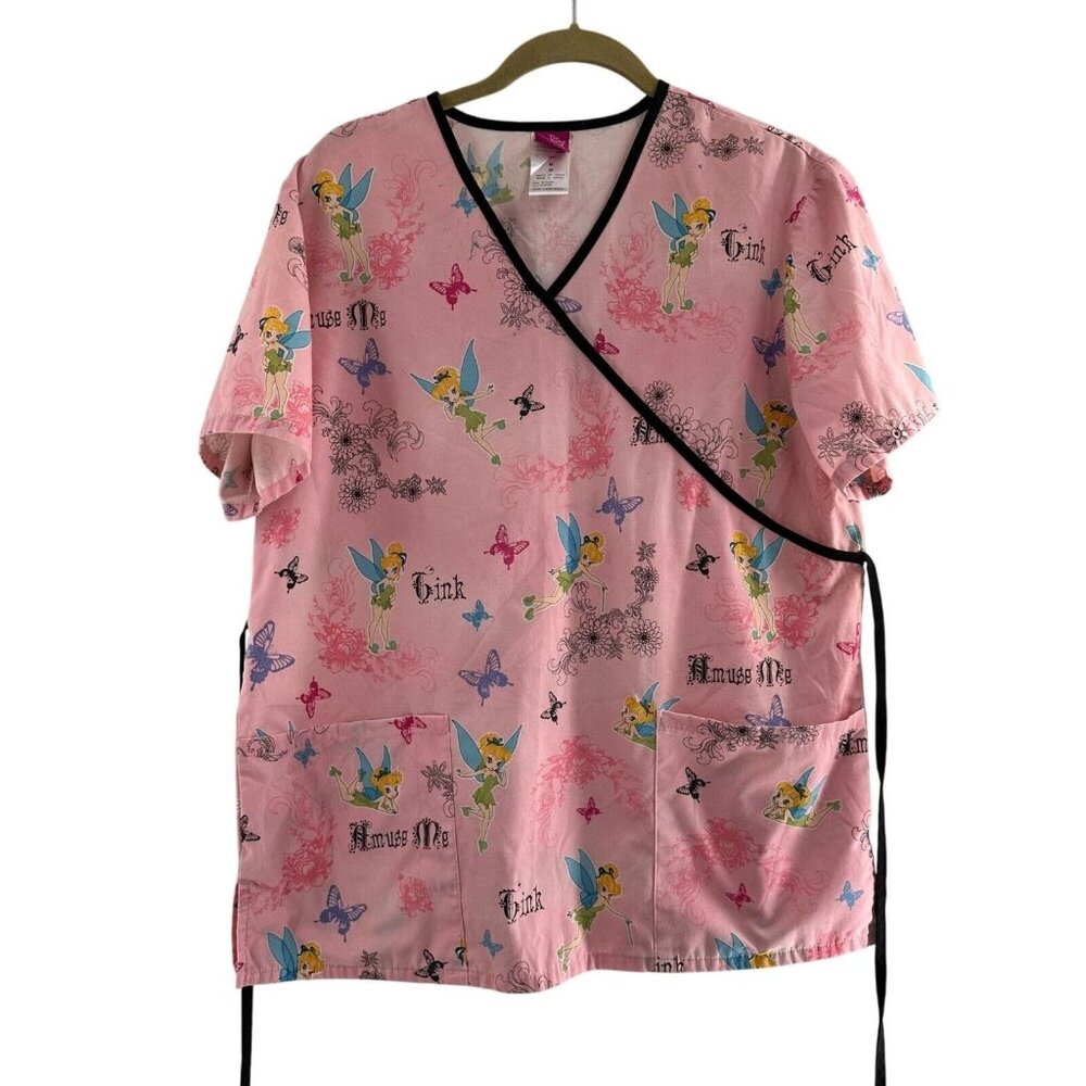Disney Tinker Bell Pink Wrap Scrub Top M Short Sleeve Pockets Nurse Uniform‎